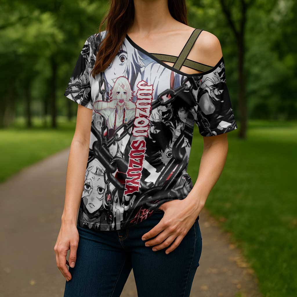Juuzou Suzuya Tokyo Ghoul Black and White Manga Style Design Cross Shoulder Shirt with Red Accents and Chain Weapon Motif - The Mazicc