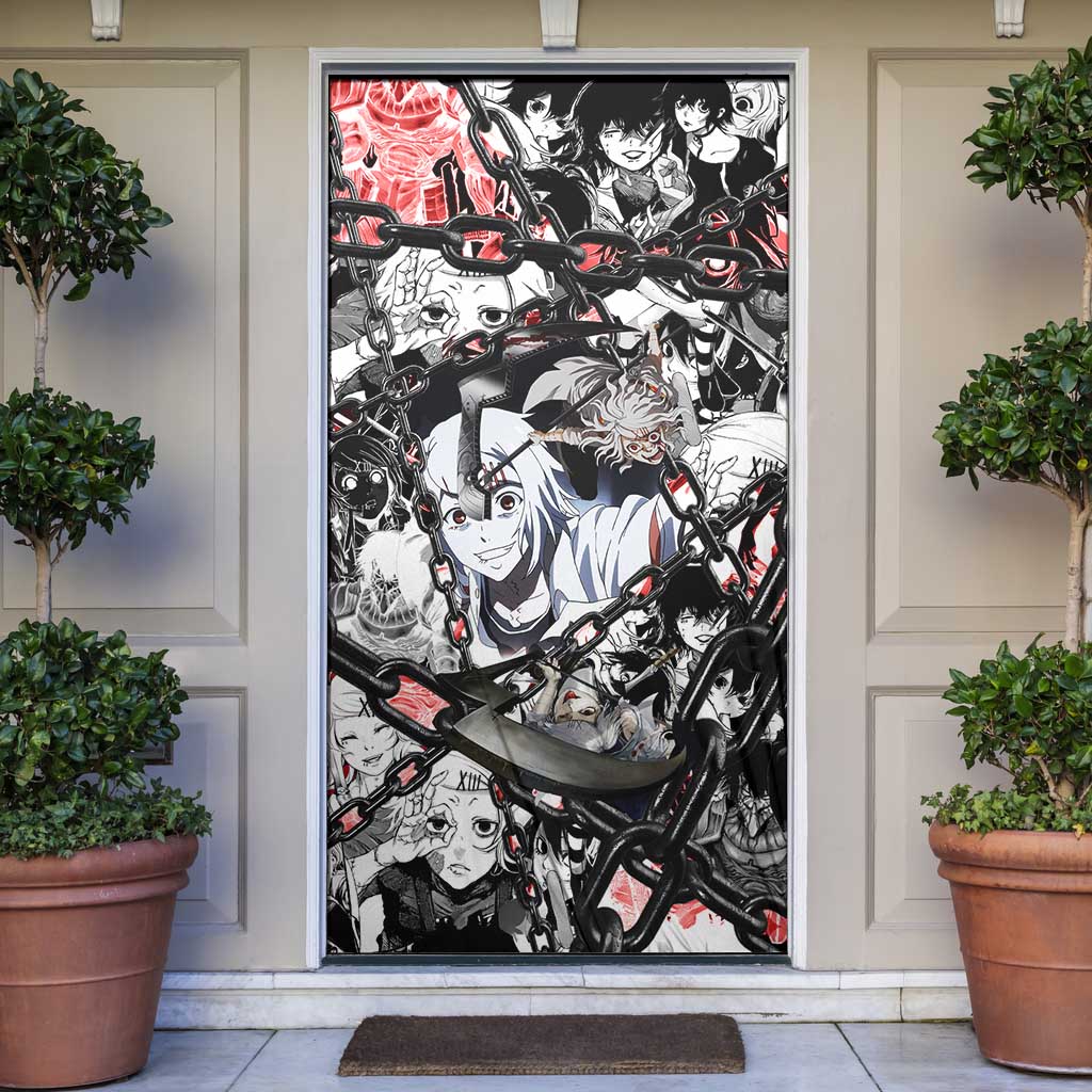 Juuzou Suzuya Tokyo Ghoul Black and White Manga Style Design Door Cover with Red Accents and Chain Weapon Motif - The Mazicc