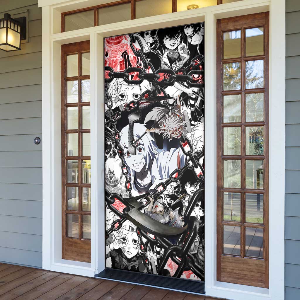 Juuzou Suzuya Tokyo Ghoul Black and White Manga Style Design Door Cover with Red Accents and Chain Weapon Motif - The Mazicc