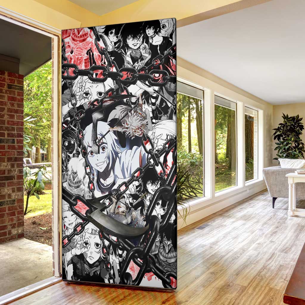 Juuzou Suzuya Tokyo Ghoul Black and White Manga Style Design Door Cover with Red Accents and Chain Weapon Motif - The Mazicc