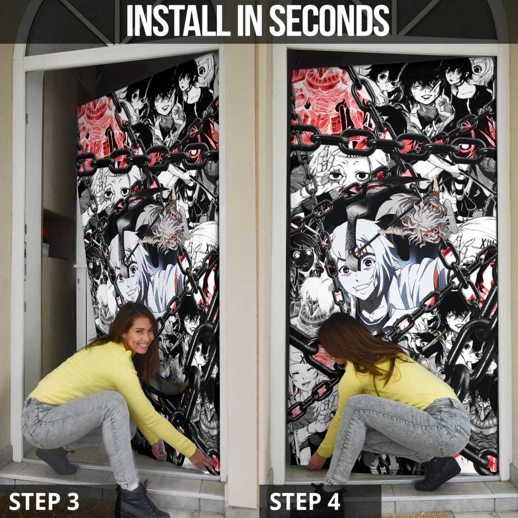 Juuzou Suzuya Tokyo Ghoul Black and White Manga Style Design Door Cover with Red Accents and Chain Weapon Motif - The Mazicc