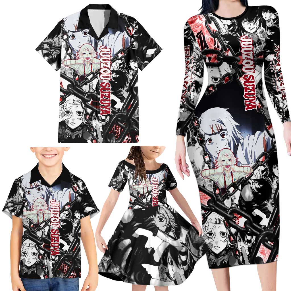 Juuzou Suzuya Tokyo Ghoul Black and White Manga Style Design Family Matching Long Sleeve Bodycon Dress and Hawaiian Shirt with Red Accents and Chain Weapon Motif