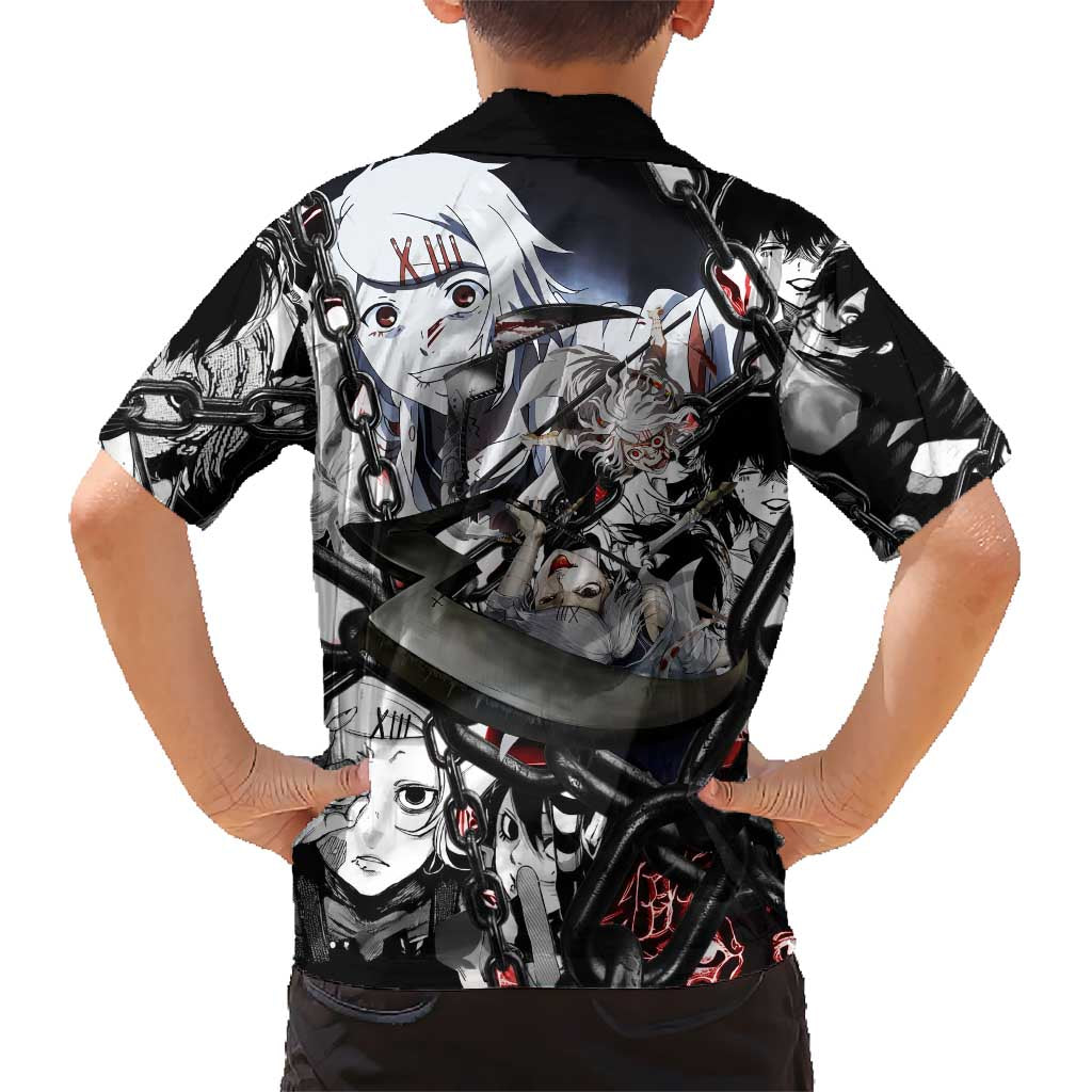Juuzou Suzuya Tokyo Ghoul Black and White Manga Style Design Family Matching Long Sleeve Bodycon Dress and Hawaiian Shirt with Red Accents and Chain Weapon Motif