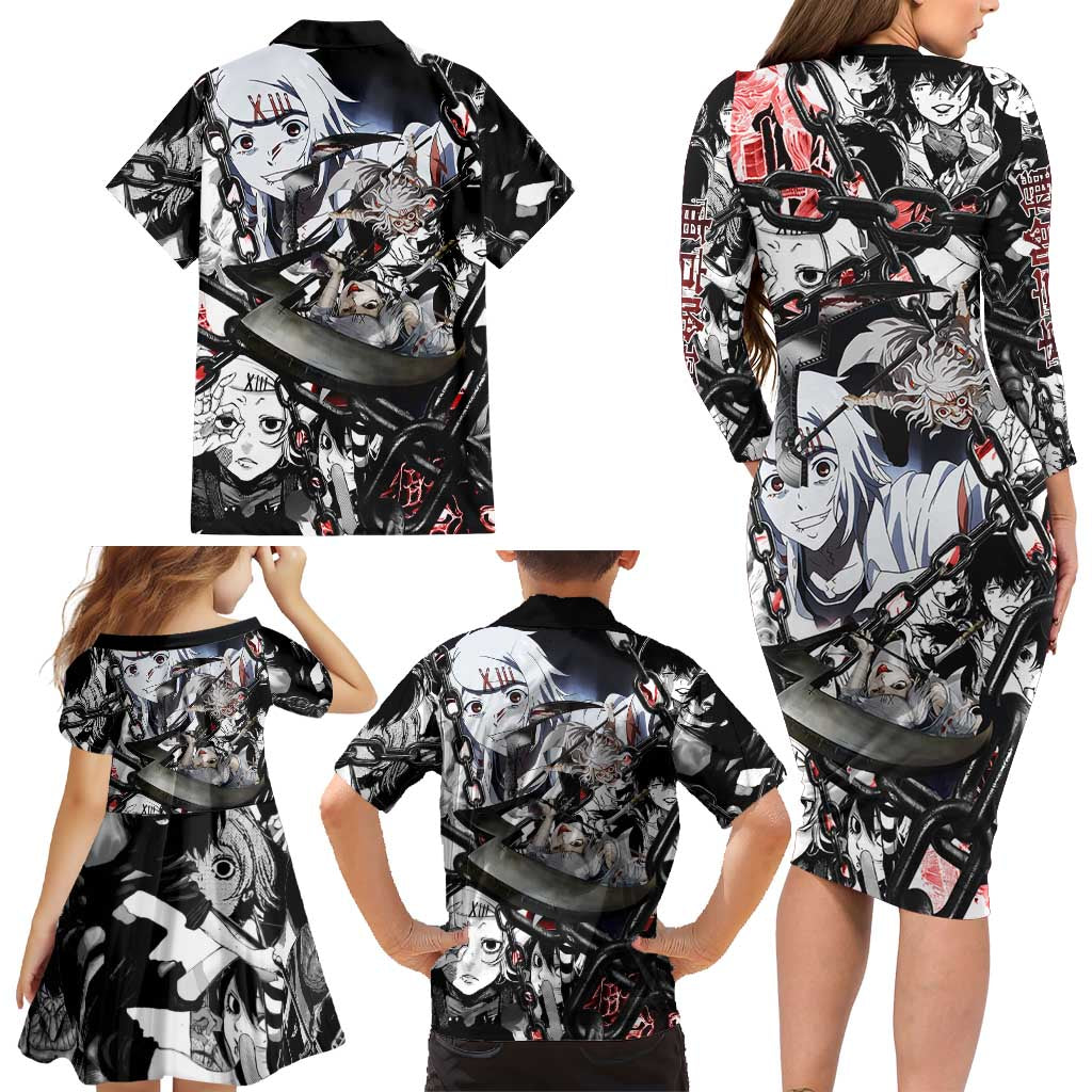 Juuzou Suzuya Tokyo Ghoul Black and White Manga Style Design Family Matching Long Sleeve Bodycon Dress and Hawaiian Shirt with Red Accents and Chain Weapon Motif