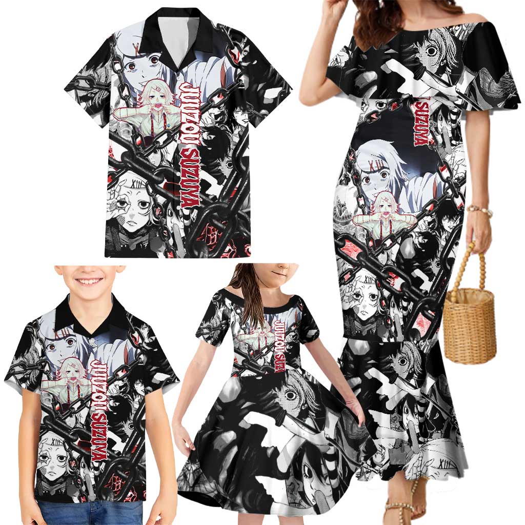 Juuzou Suzuya Tokyo Ghoul Black and White Manga Style Design Family Matching Mermaid Dress and Hawaiian Shirt with Red Accents and Chain Weapon Motif