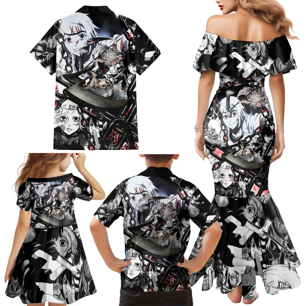 Juuzou Suzuya Tokyo Ghoul Black and White Manga Style Design Family Matching Mermaid Dress and Hawaiian Shirt with Red Accents and Chain Weapon Motif