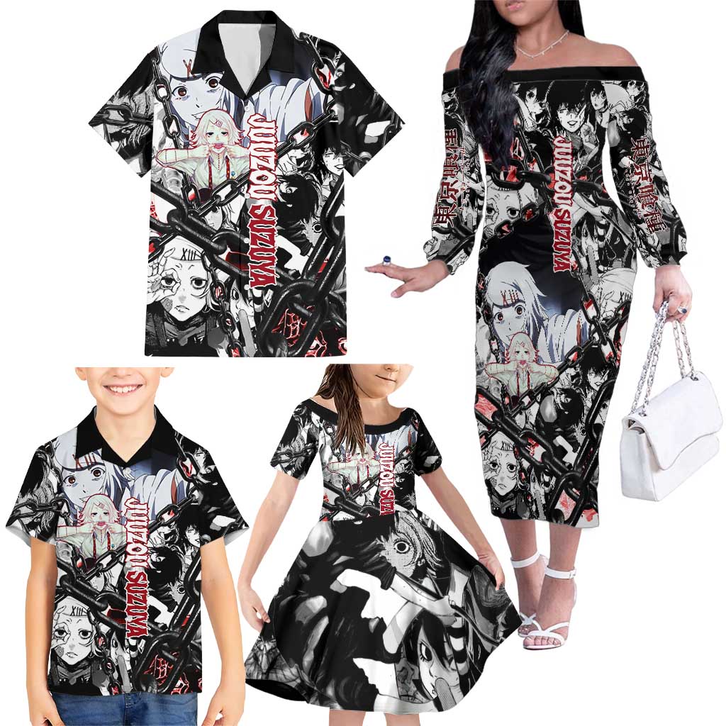 Juuzou Suzuya Tokyo Ghoul Black and White Manga Style Design Family Matching Off The Shoulder Long Sleeve Dress and Hawaiian Shirt with Red Accents and Chain Weapon Motif