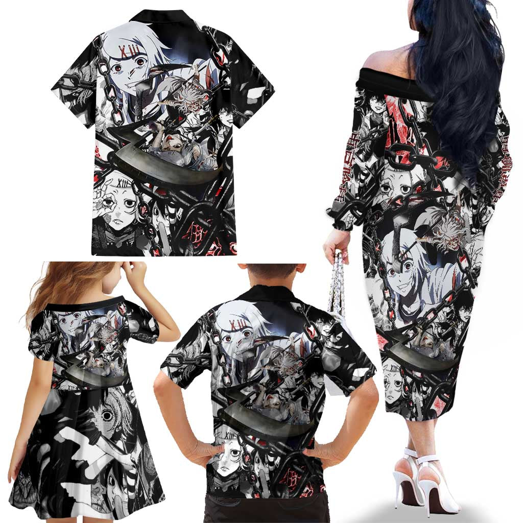 Juuzou Suzuya Tokyo Ghoul Black and White Manga Style Design Family Matching Off The Shoulder Long Sleeve Dress and Hawaiian Shirt with Red Accents and Chain Weapon Motif