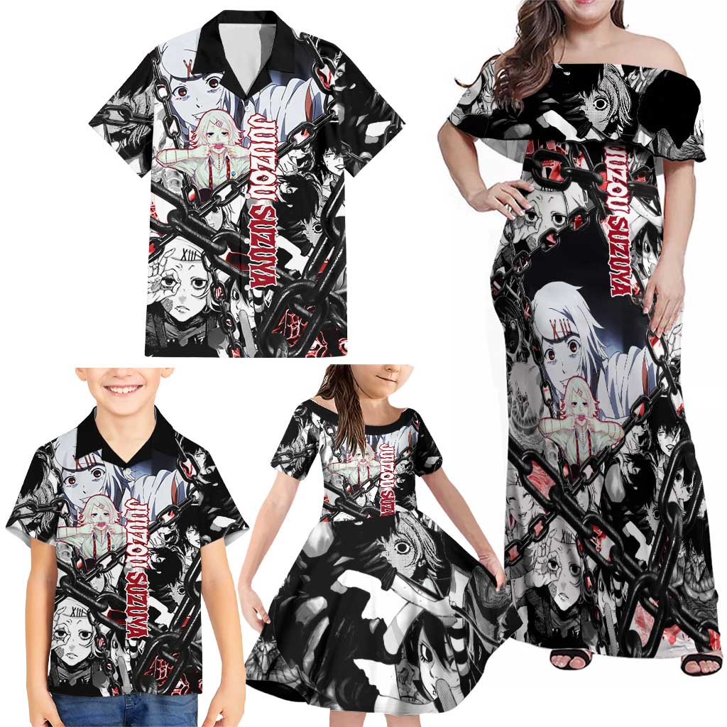 Juuzou Suzuya Tokyo Ghoul Black and White Manga Style Design Family Matching Off Shoulder Maxi Dress and Hawaiian Shirt with Red Accents and Chain Weapon Motif