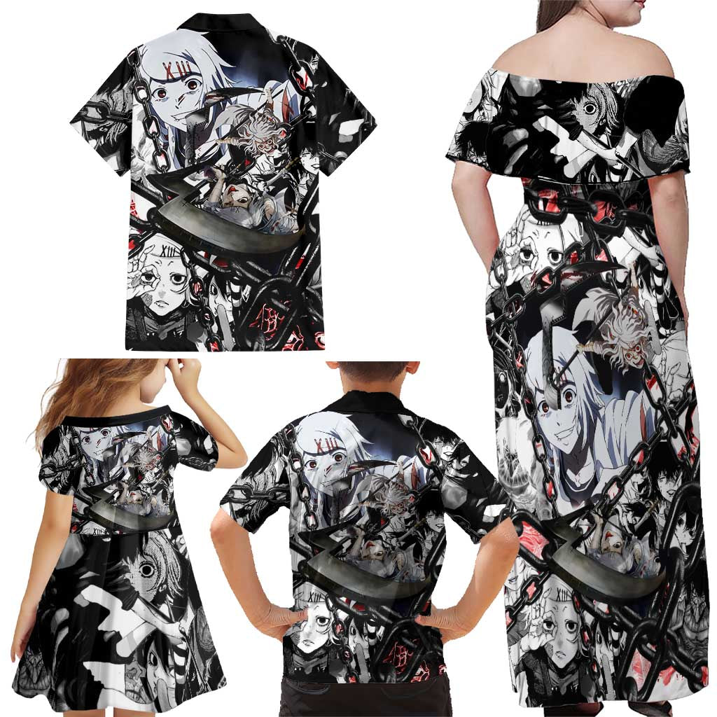 Juuzou Suzuya Tokyo Ghoul Black and White Manga Style Design Family Matching Off Shoulder Maxi Dress and Hawaiian Shirt with Red Accents and Chain Weapon Motif