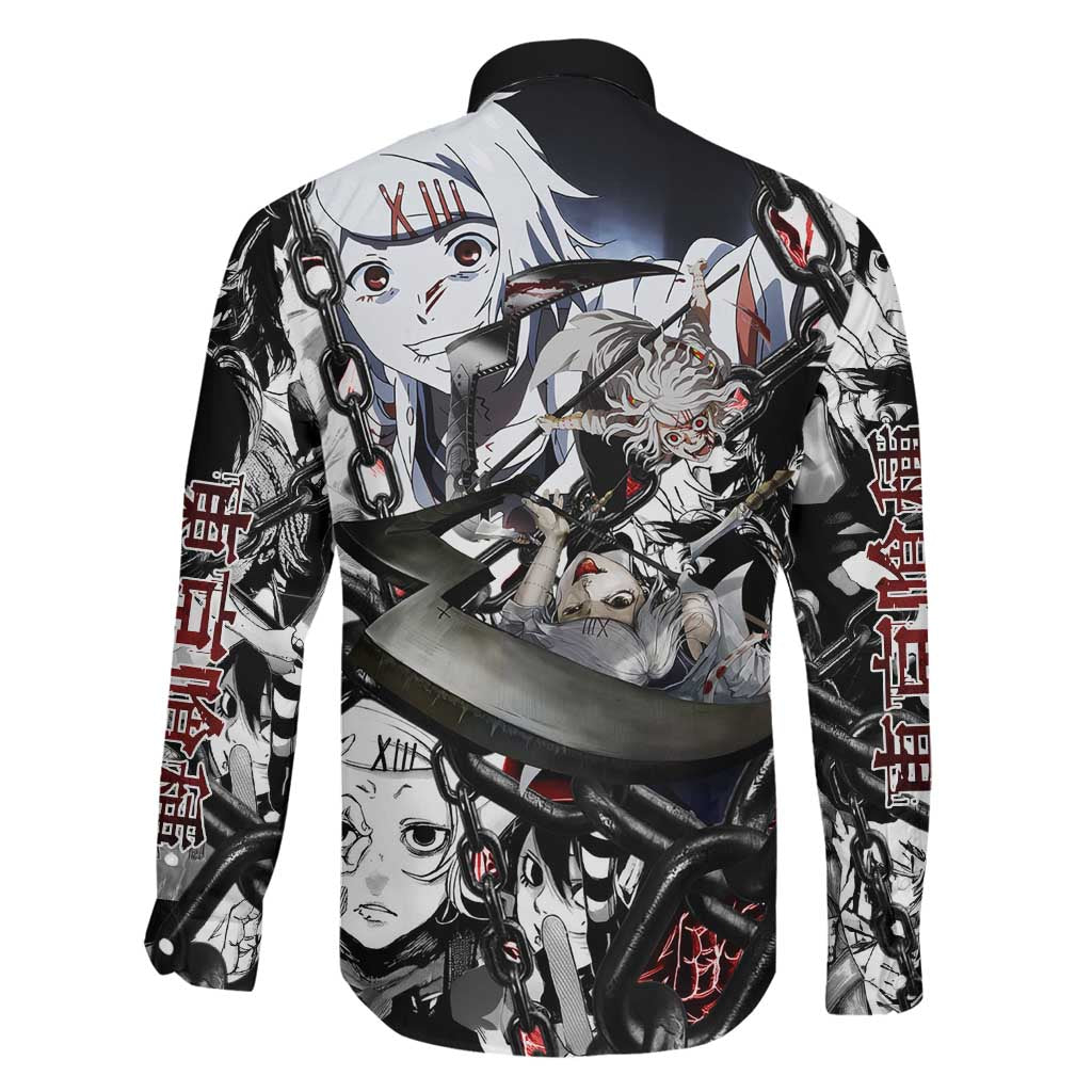 Juuzou Suzuya Tokyo Ghoul Black and White Manga Style Design Family Matching Off Shoulder Maxi Dress and Hawaiian Shirt with Red Accents and Chain Weapon Motif