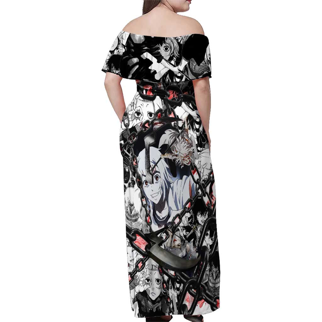 Juuzou Suzuya Tokyo Ghoul Black and White Manga Style Design Family Matching Off Shoulder Maxi Dress and Hawaiian Shirt with Red Accents and Chain Weapon Motif
