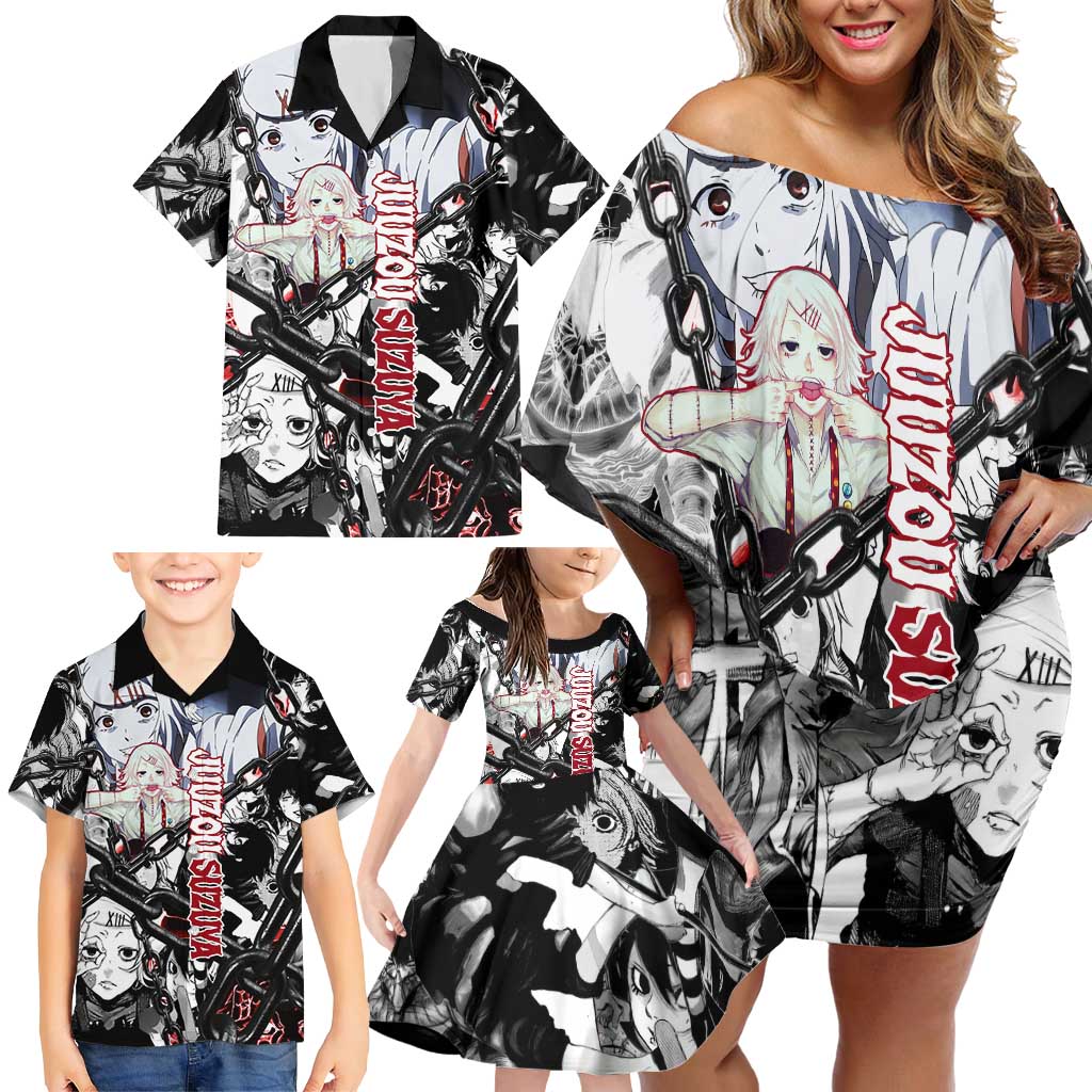 Juuzou Suzuya Tokyo Ghoul Black and White Manga Style Design Family Matching Off Shoulder Short Dress and Hawaiian Shirt with Red Accents and Chain Weapon Motif