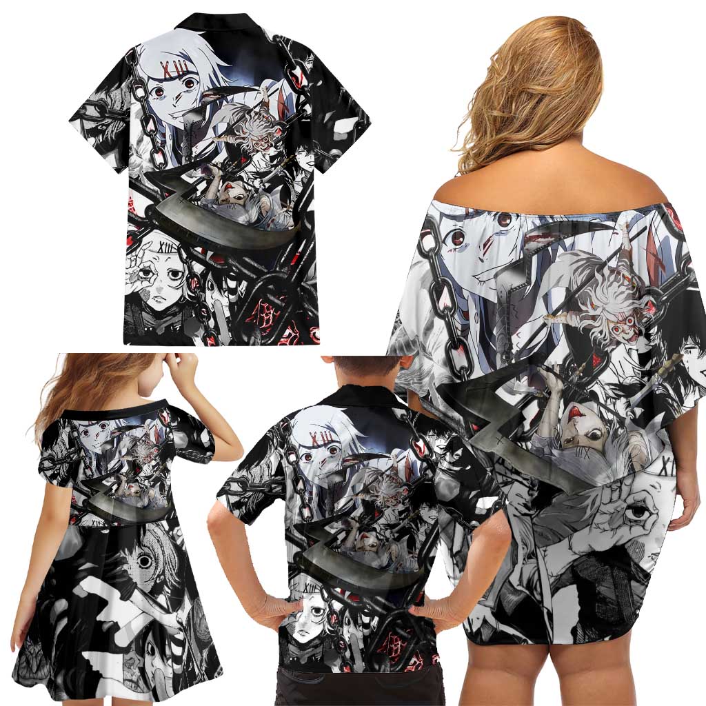 Juuzou Suzuya Tokyo Ghoul Black and White Manga Style Design Family Matching Off Shoulder Short Dress and Hawaiian Shirt with Red Accents and Chain Weapon Motif