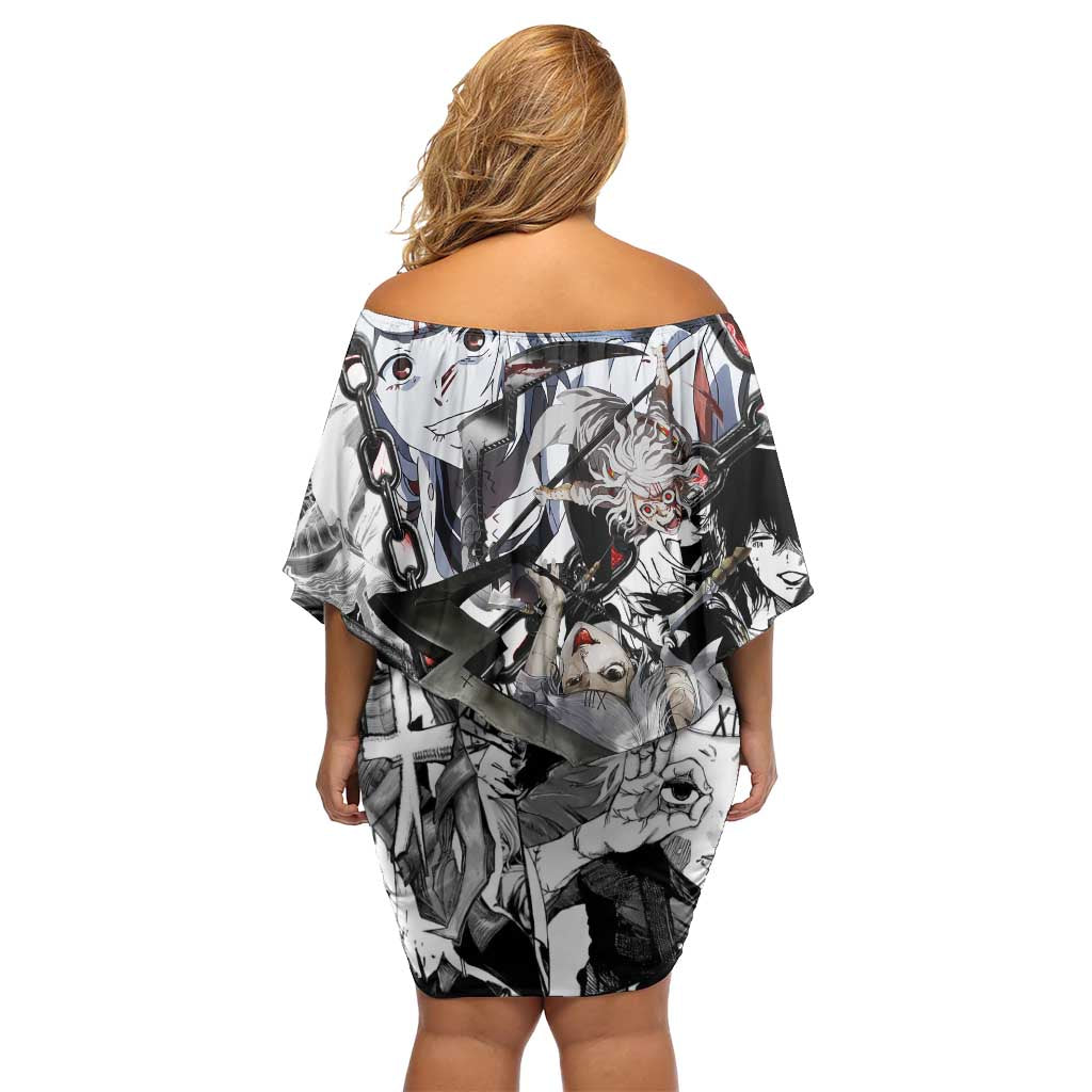 Juuzou Suzuya Tokyo Ghoul Black and White Manga Style Design Family Matching Off Shoulder Short Dress and Hawaiian Shirt with Red Accents and Chain Weapon Motif