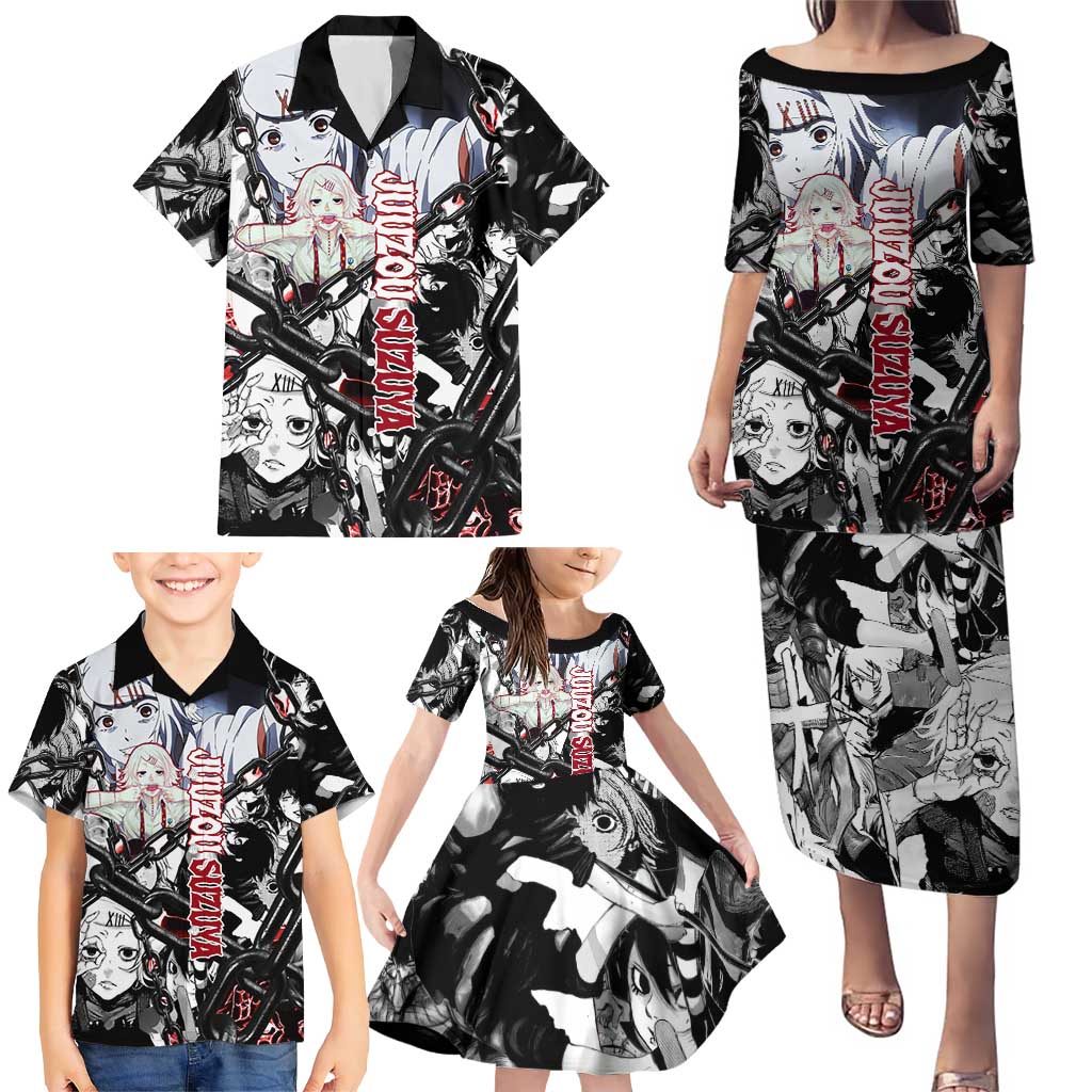 Juuzou Suzuya Tokyo Ghoul Black and White Manga Style Design Family Matching Puletasi and Hawaiian Shirt with Red Accents and Chain Weapon Motif