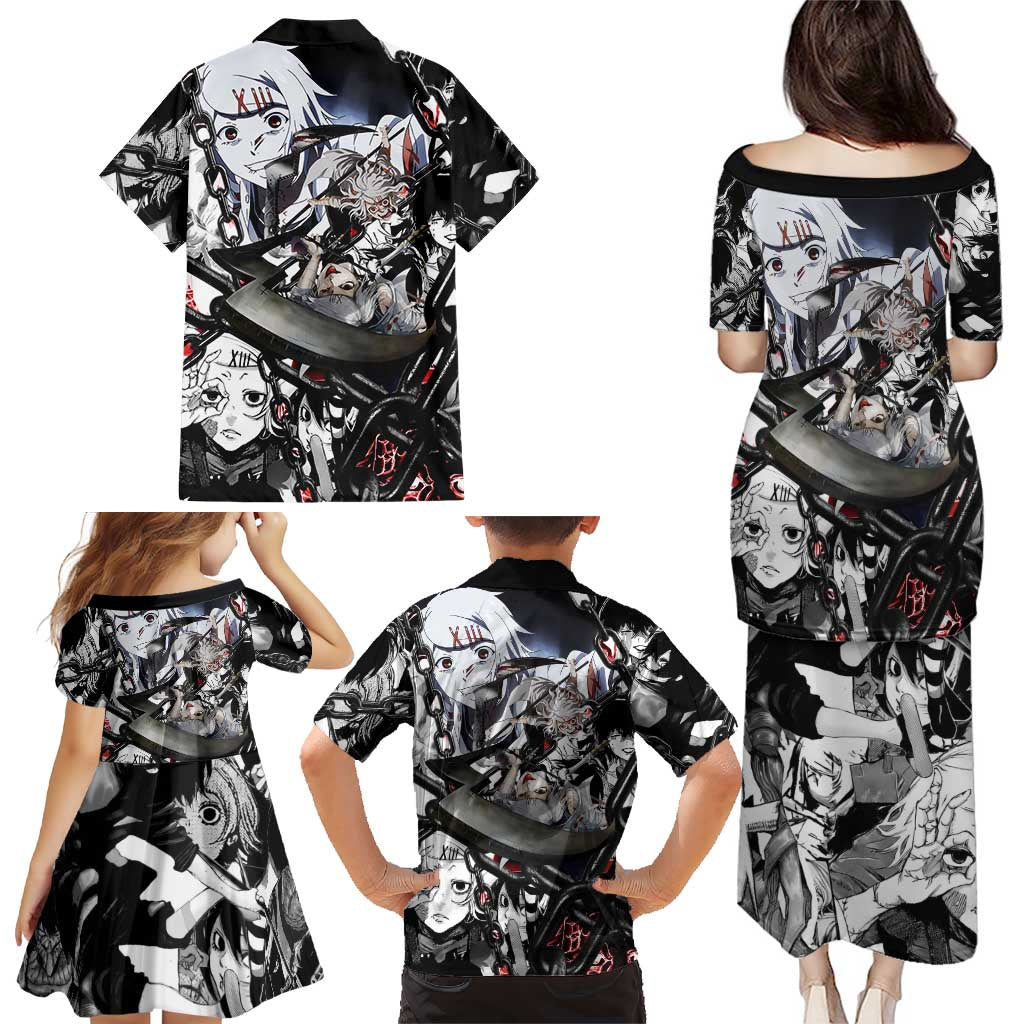 Juuzou Suzuya Tokyo Ghoul Black and White Manga Style Design Family Matching Puletasi and Hawaiian Shirt with Red Accents and Chain Weapon Motif