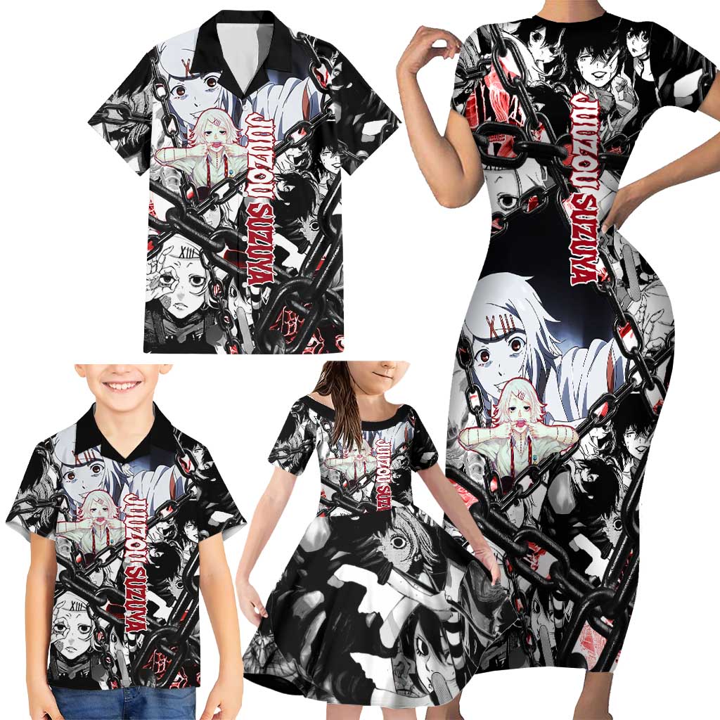 Juuzou Suzuya Tokyo Ghoul Black and White Manga Style Design Family Matching Short Sleeve Bodycon Dress and Hawaiian Shirt with Red Accents and Chain Weapon Motif