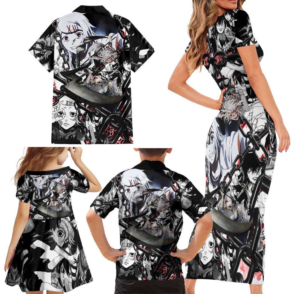 Juuzou Suzuya Tokyo Ghoul Black and White Manga Style Design Family Matching Short Sleeve Bodycon Dress and Hawaiian Shirt with Red Accents and Chain Weapon Motif