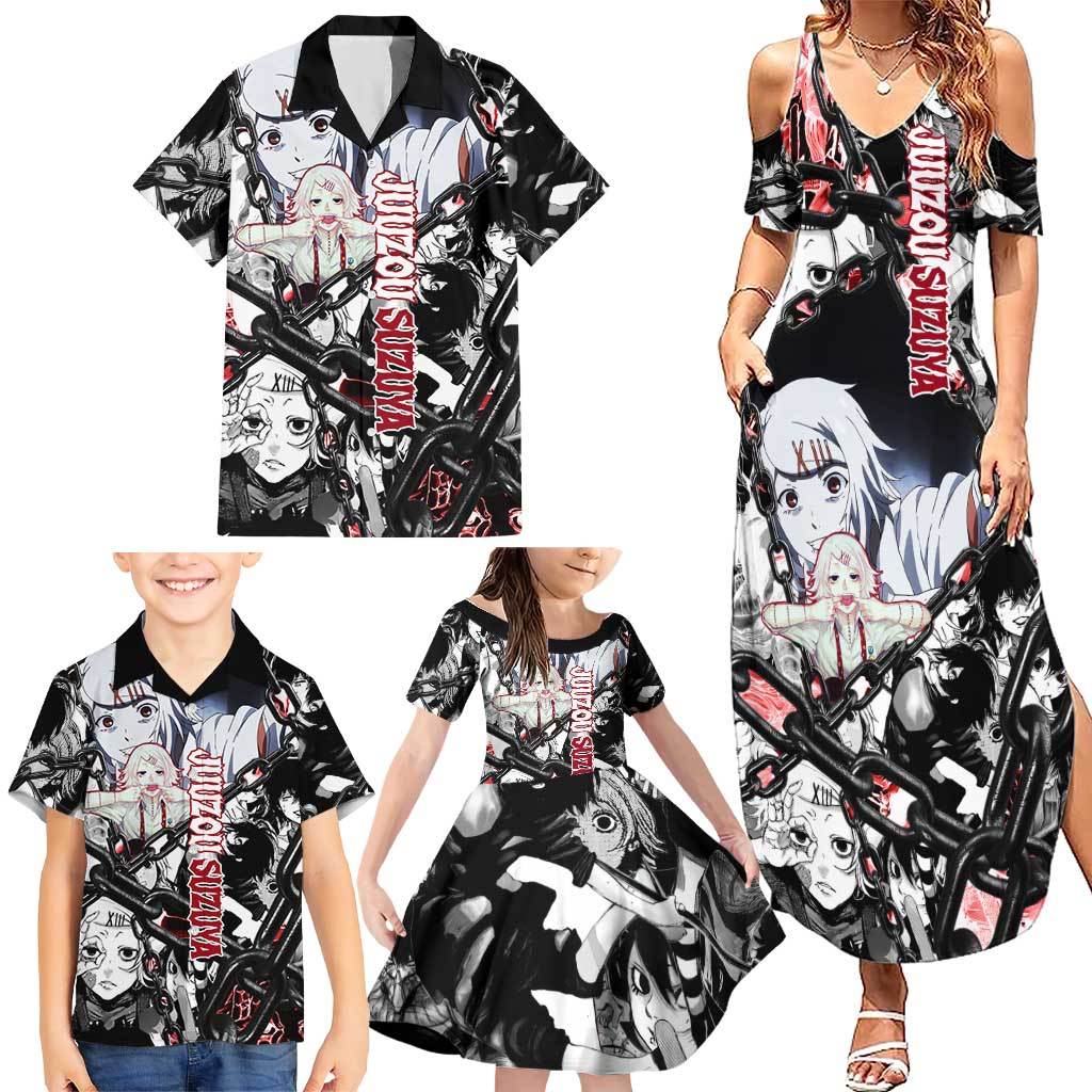 Juuzou Suzuya Tokyo Ghoul Black and White Manga Style Design Family Matching Summer Maxi Dress and Hawaiian Shirt with Red Accents and Chain Weapon Motif