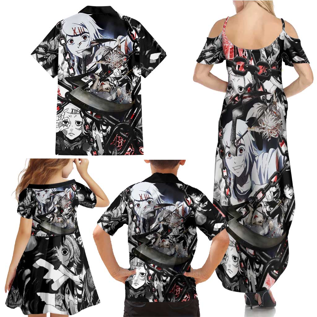 Juuzou Suzuya Tokyo Ghoul Black and White Manga Style Design Family Matching Summer Maxi Dress and Hawaiian Shirt with Red Accents and Chain Weapon Motif