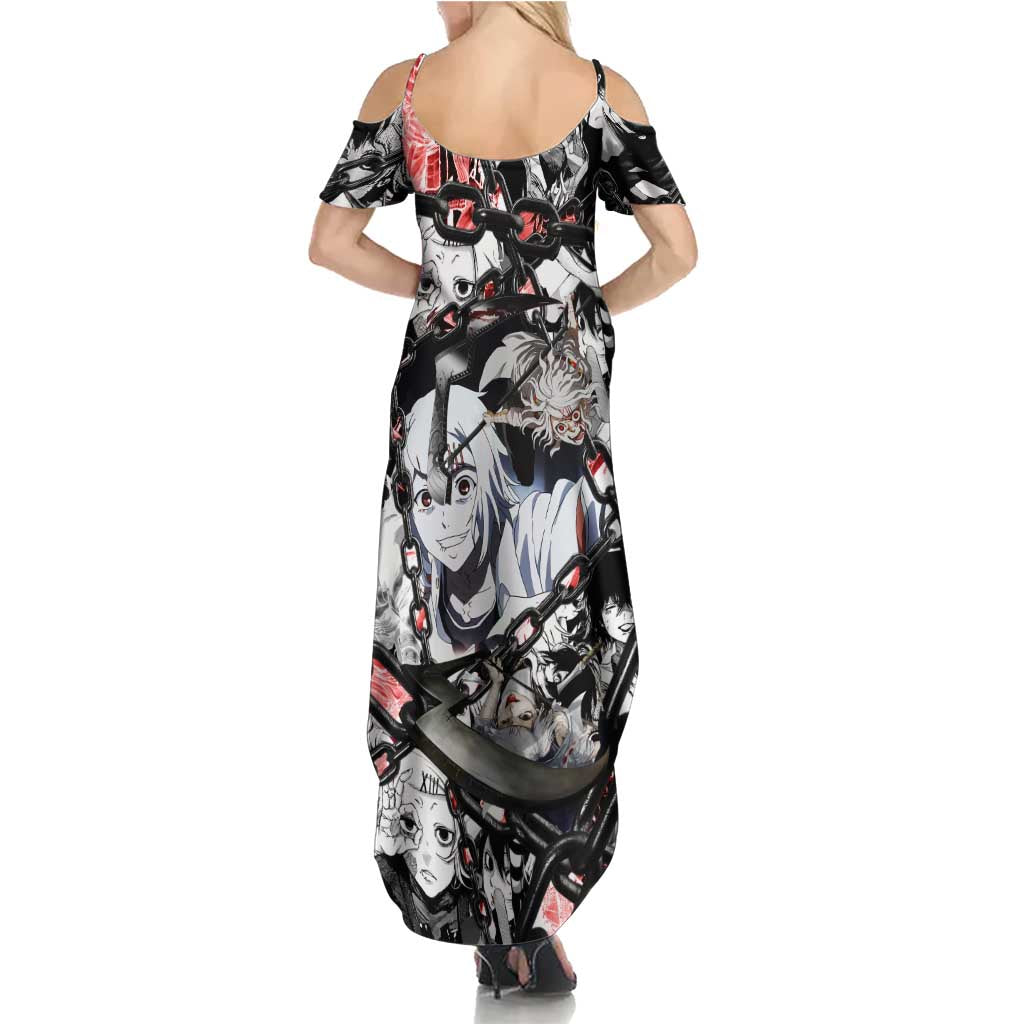 Juuzou Suzuya Tokyo Ghoul Black and White Manga Style Design Family Matching Summer Maxi Dress and Hawaiian Shirt with Red Accents and Chain Weapon Motif