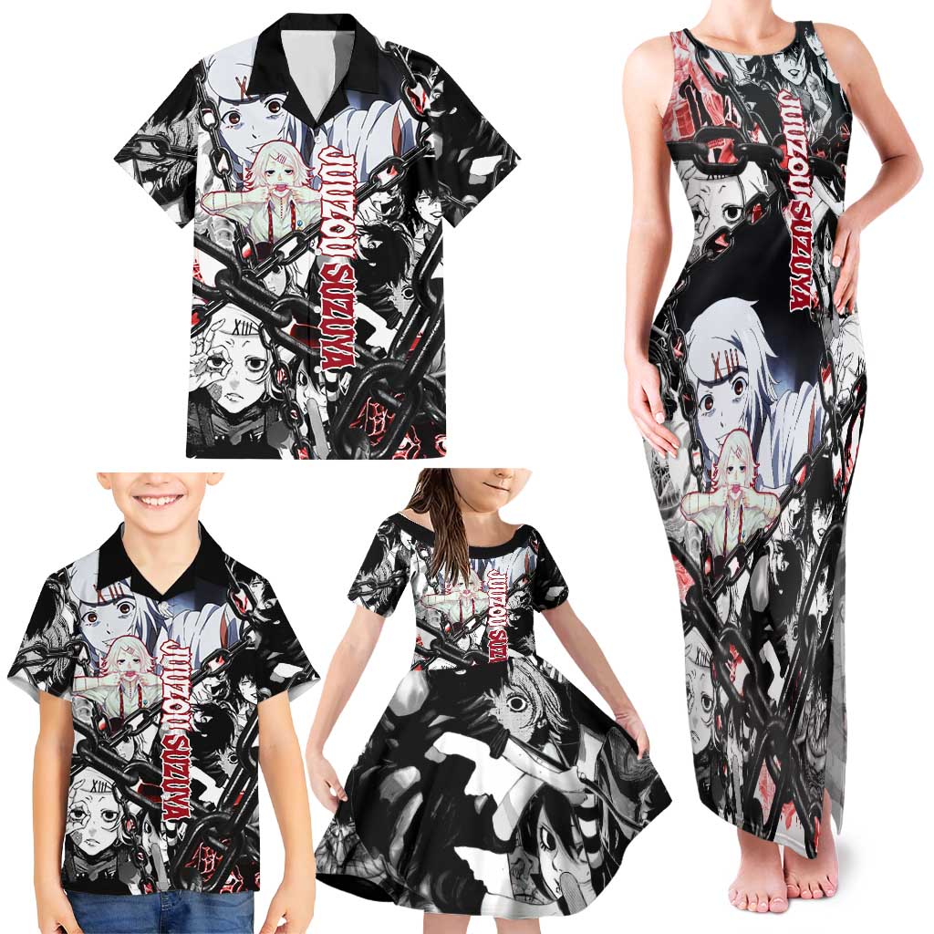 Juuzou Suzuya Tokyo Ghoul Black and White Manga Style Design Family Matching Tank Maxi Dress and Hawaiian Shirt with Red Accents and Chain Weapon Motif