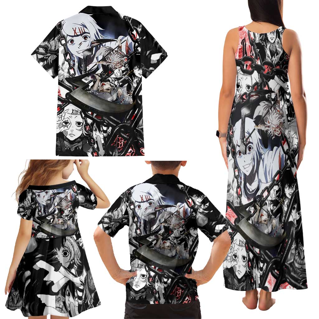 Juuzou Suzuya Tokyo Ghoul Black and White Manga Style Design Family Matching Tank Maxi Dress and Hawaiian Shirt with Red Accents and Chain Weapon Motif