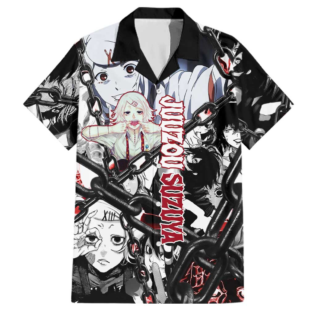 Juuzou Suzuya Tokyo Ghoul Black and White Manga Style Design Family Matching Tank Maxi Dress and Hawaiian Shirt with Red Accents and Chain Weapon Motif