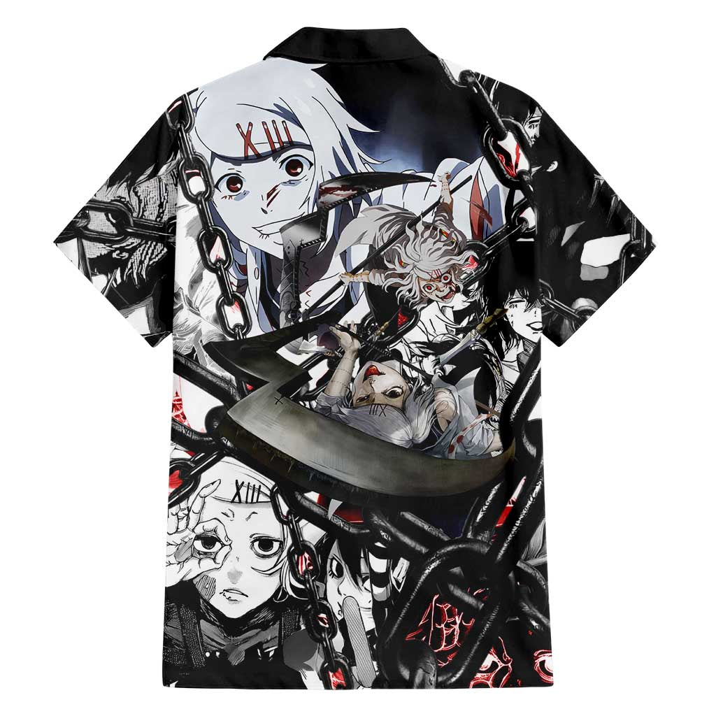 Juuzou Suzuya Tokyo Ghoul Black and White Manga Style Design Family Matching Tank Maxi Dress and Hawaiian Shirt with Red Accents and Chain Weapon Motif
