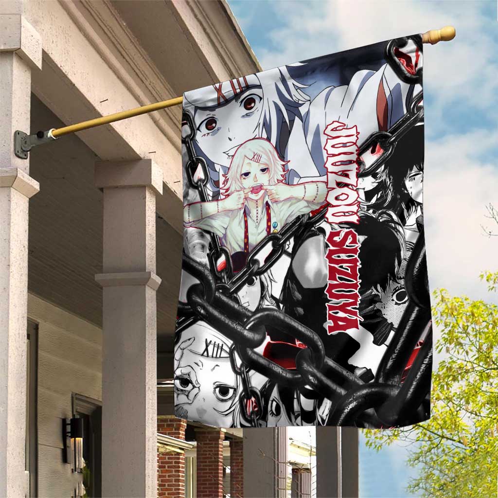 Juuzou Suzuya Tokyo Ghoul Black and White Manga Style Design Garden Flag with Red Accents and Chain Weapon Motif - The Mazicc