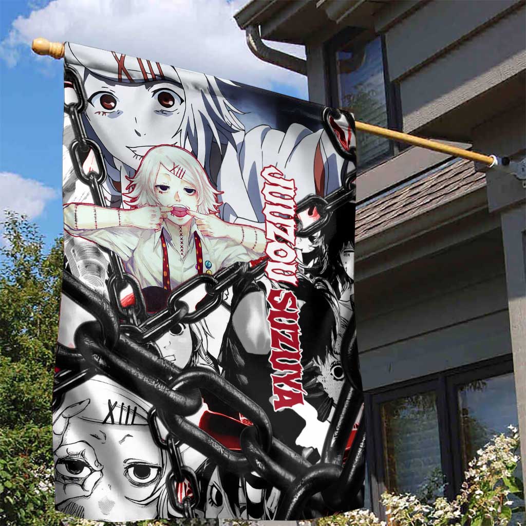 Juuzou Suzuya Tokyo Ghoul Black and White Manga Style Design Garden Flag with Red Accents and Chain Weapon Motif - The Mazicc