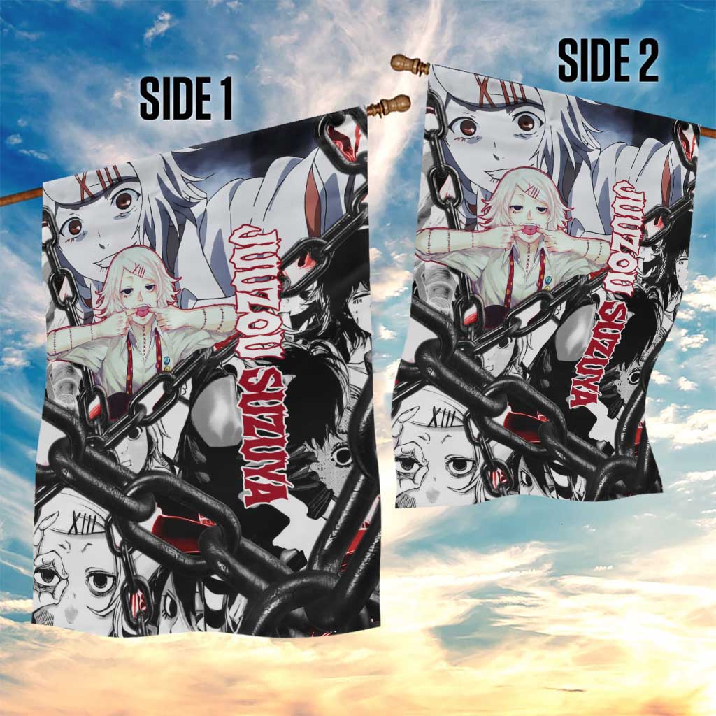 Juuzou Suzuya Tokyo Ghoul Black and White Manga Style Design Garden Flag with Red Accents and Chain Weapon Motif - The Mazicc