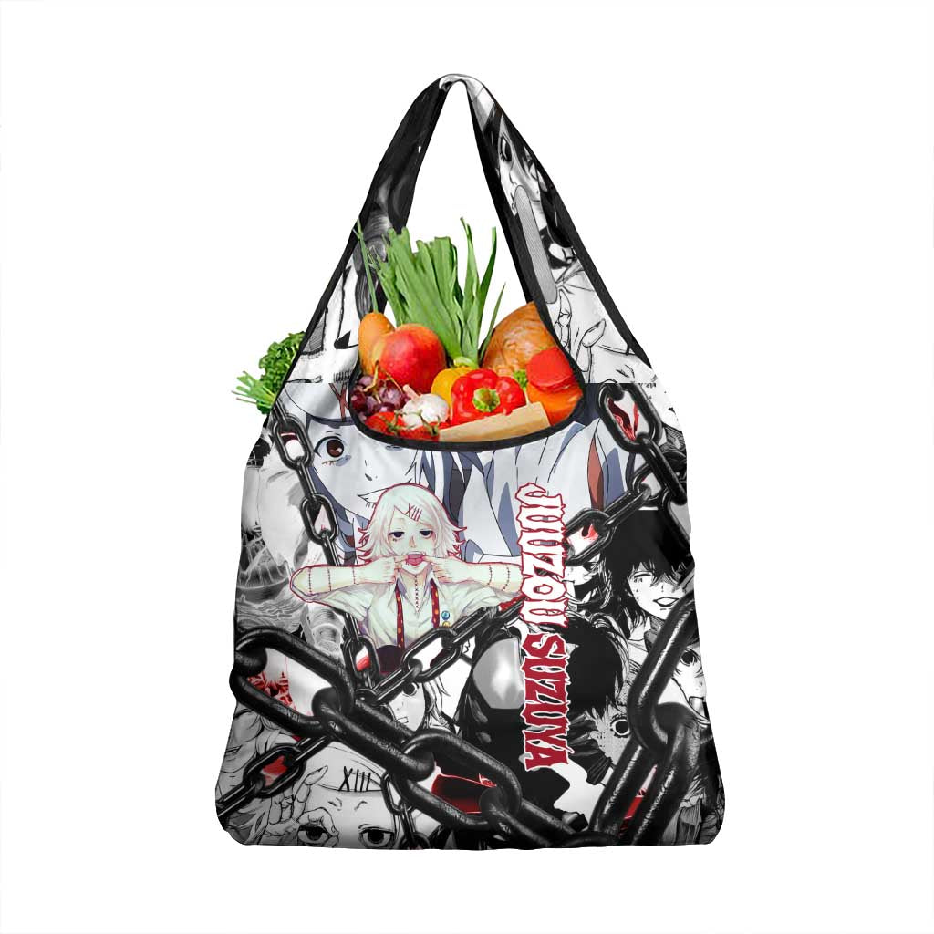 Juuzou Suzuya Tokyo Ghoul Black and White Manga Style Design Grocery Bag with Red Accents and Chain Weapon Motif - The Mazicc