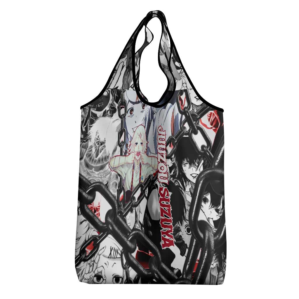 Juuzou Suzuya Tokyo Ghoul Black and White Manga Style Design Grocery Bag with Red Accents and Chain Weapon Motif - The Mazicc