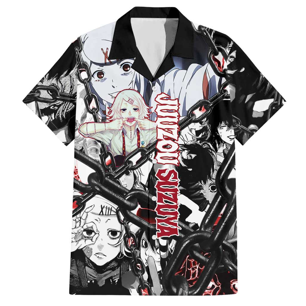 Juuzou Suzuya Tokyo Ghoul Black and White Manga Style Design Hawaiian Shirt with Red Accents and Chain Weapon Motif - The Mazicc