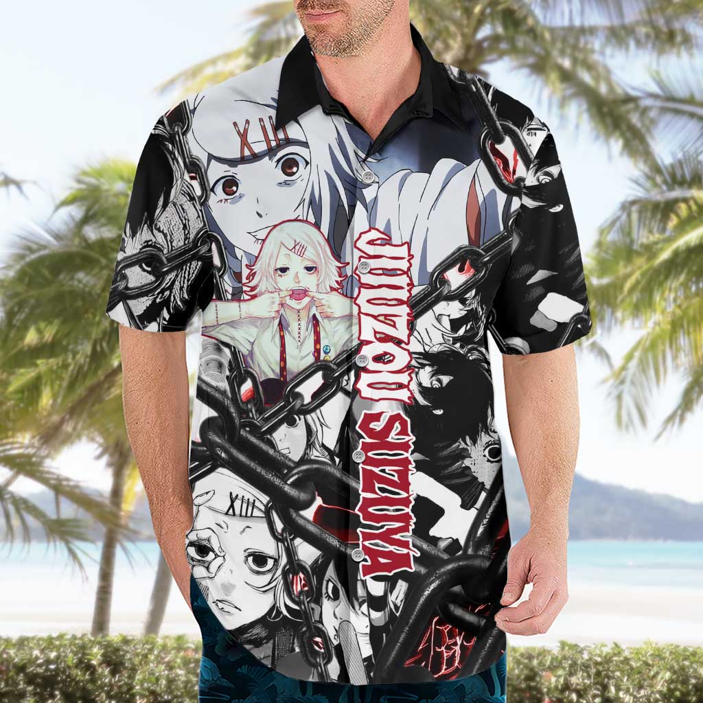 Juuzou Suzuya Tokyo Ghoul Black and White Manga Style Design Hawaiian Shirt with Red Accents and Chain Weapon Motif - The Mazicc