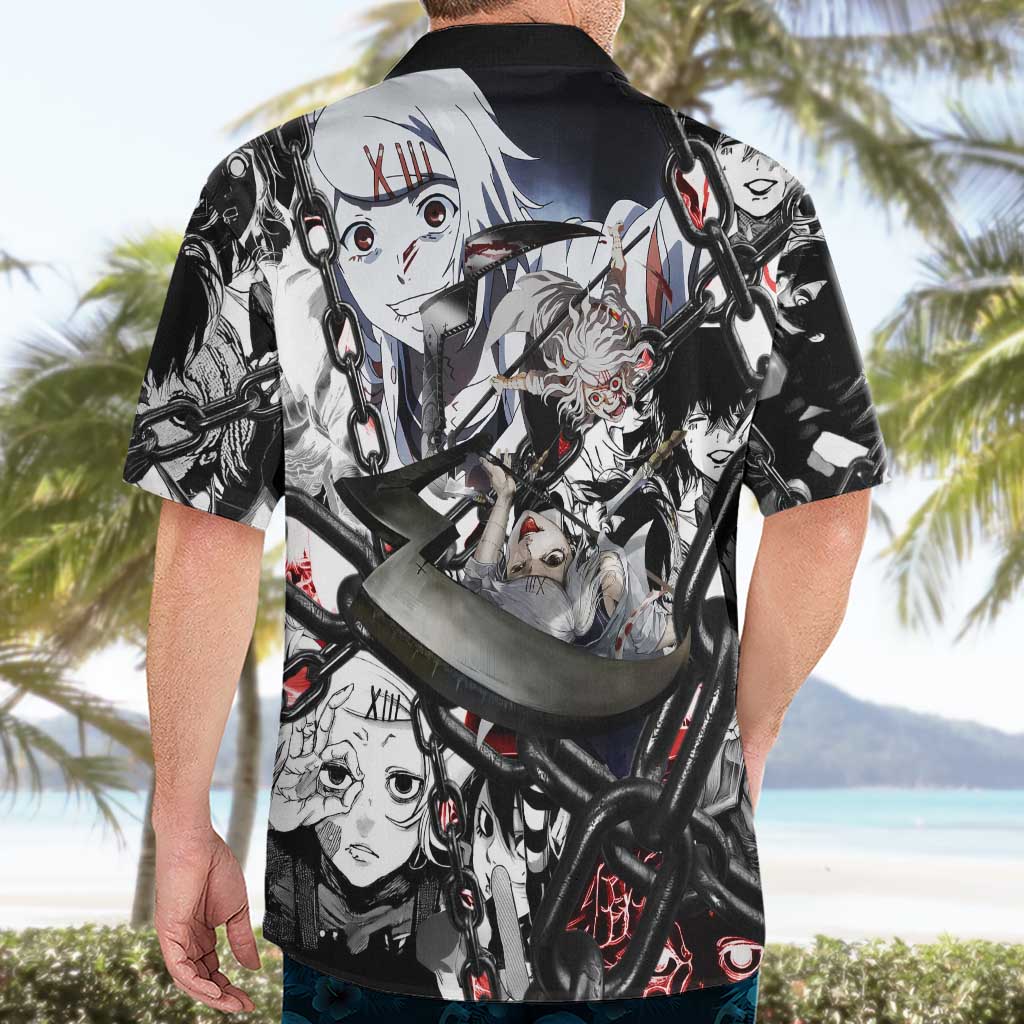 Juuzou Suzuya Tokyo Ghoul Black and White Manga Style Design Hawaiian Shirt with Red Accents and Chain Weapon Motif - The Mazicc