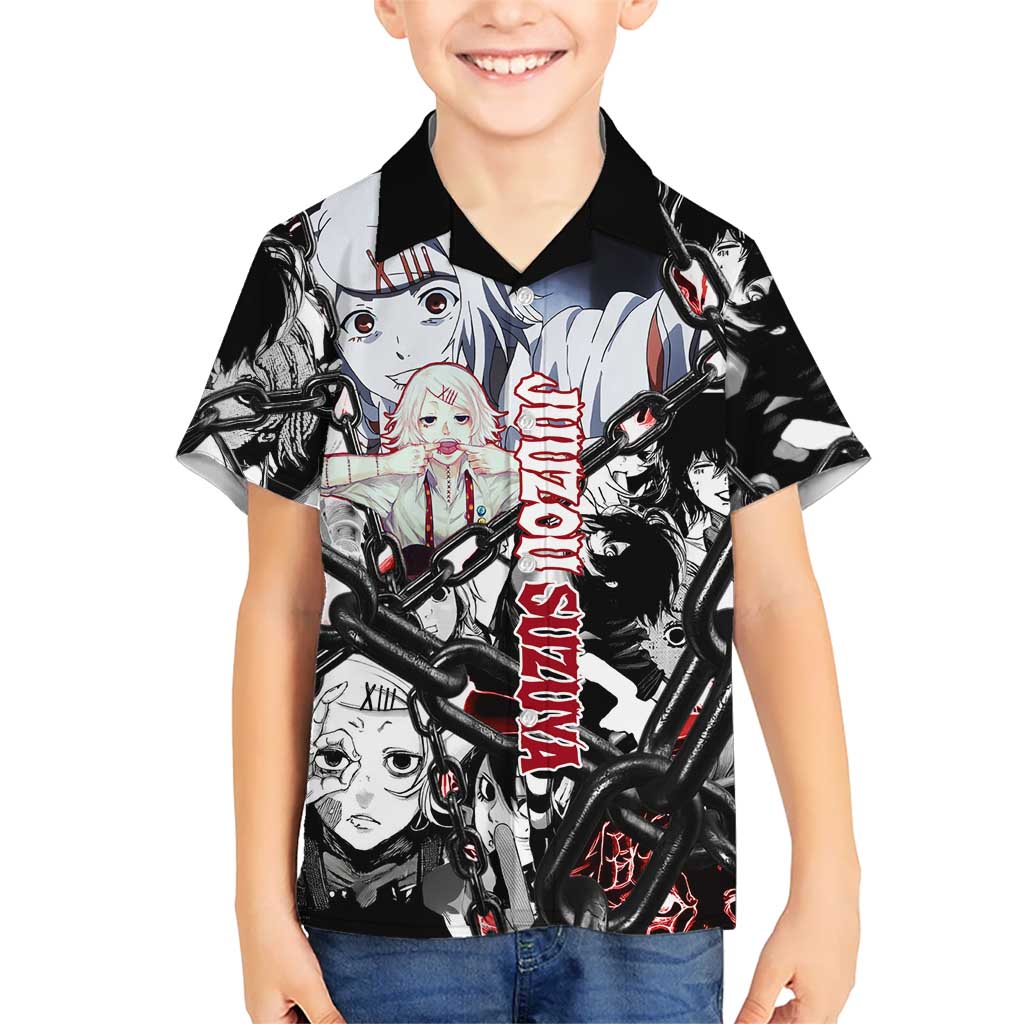 Juuzou Suzuya Tokyo Ghoul Black and White Manga Style Design Hawaiian Shirt with Red Accents and Chain Weapon Motif - The Mazicc