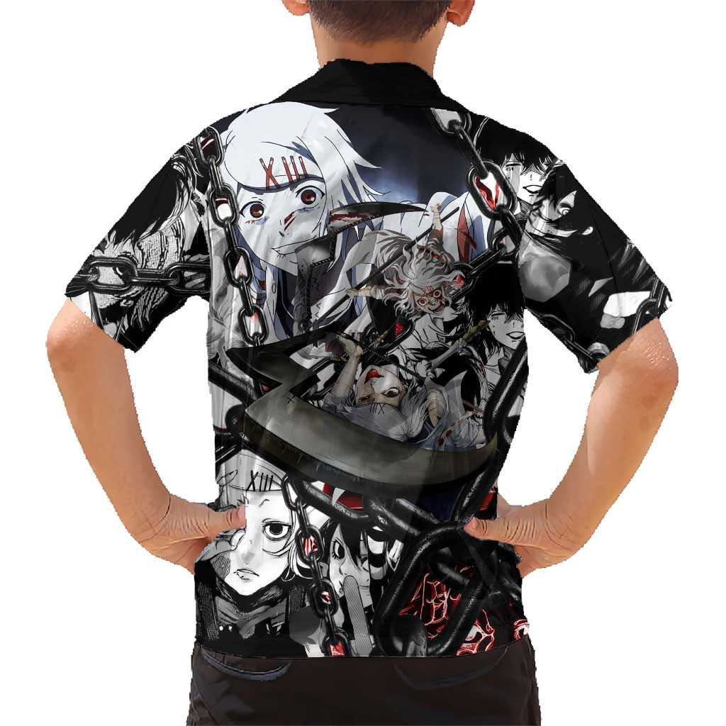 Juuzou Suzuya Tokyo Ghoul Black and White Manga Style Design Hawaiian Shirt with Red Accents and Chain Weapon Motif - The Mazicc