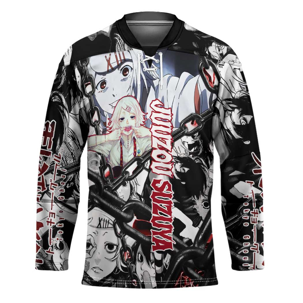 Juuzou Suzuya Tokyo Ghoul Black and White Manga Style Design Hockey Jersey with Red Accents and Chain Weapon Motif - The Mazicc