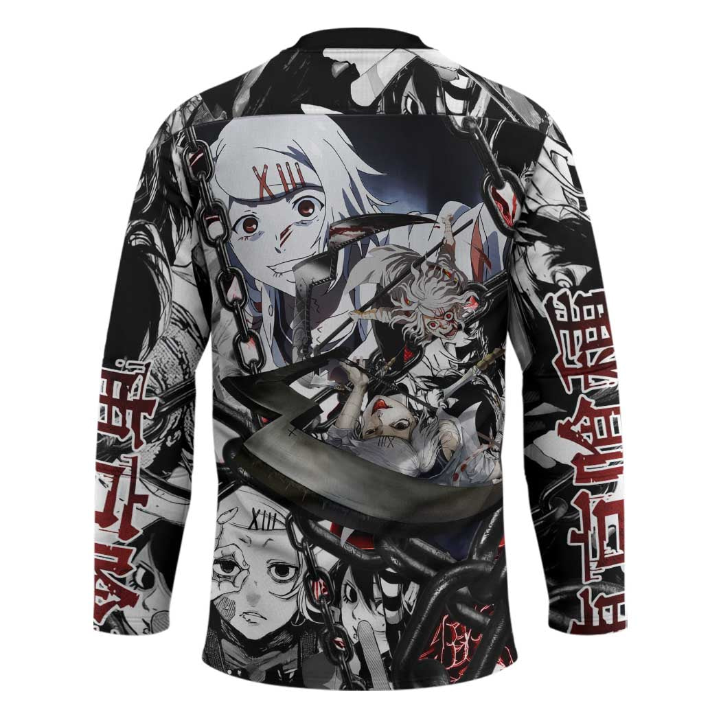 Juuzou Suzuya Tokyo Ghoul Black and White Manga Style Design Hockey Jersey with Red Accents and Chain Weapon Motif - The Mazicc