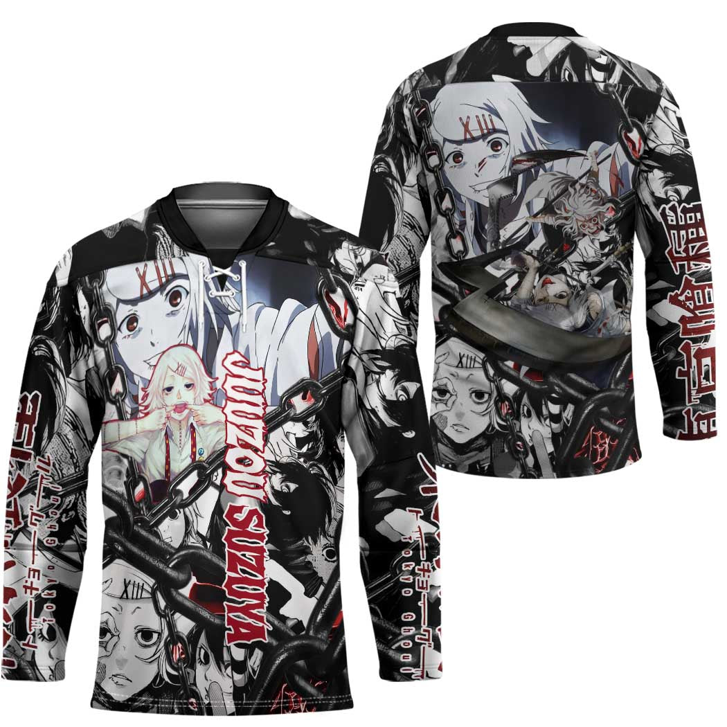 Juuzou Suzuya Tokyo Ghoul Black and White Manga Style Design Hockey Jersey with Red Accents and Chain Weapon Motif - The Mazicc