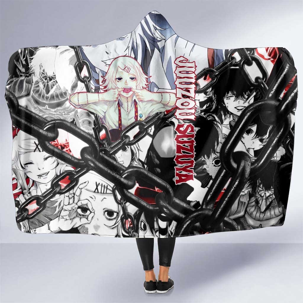 Juuzou Suzuya Tokyo Ghoul Black and White Manga Style Design Hooded Blanket with Red Accents and Chain Weapon Motif - The Mazicc