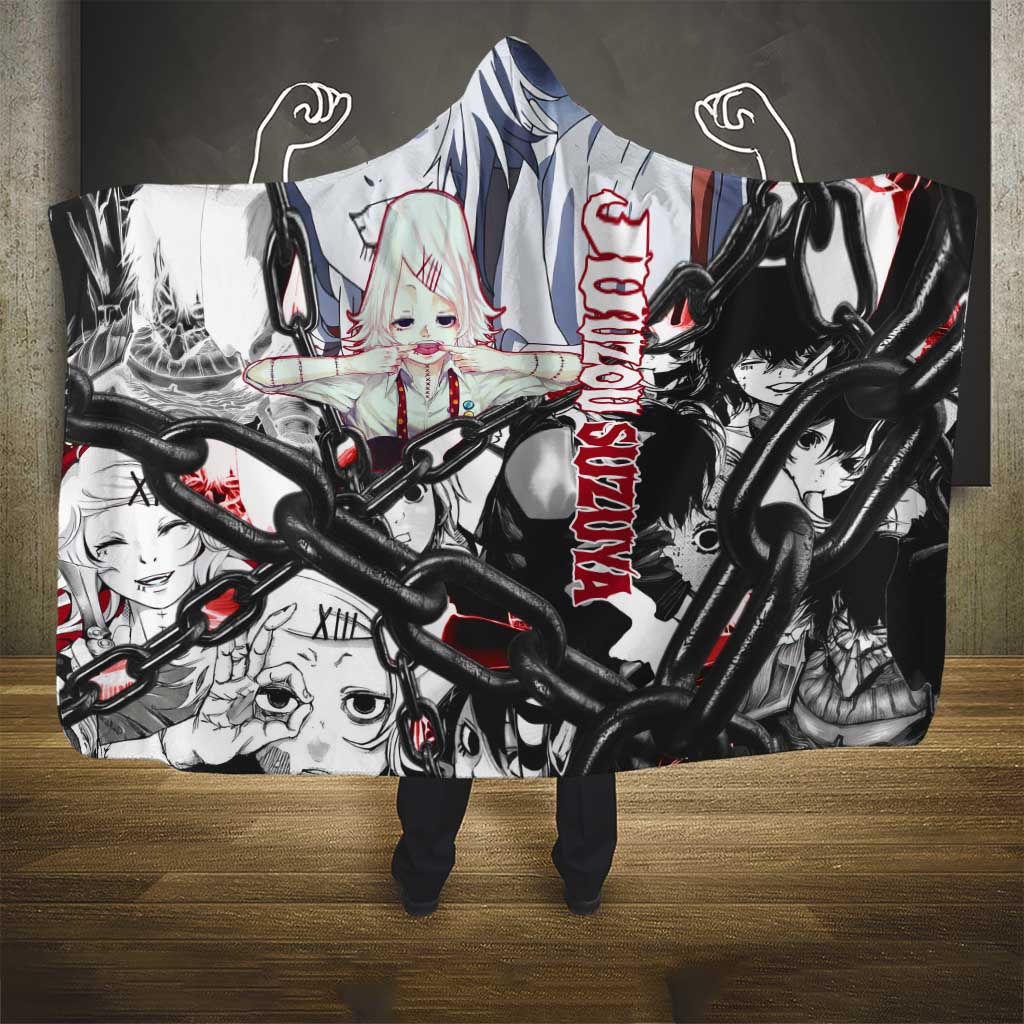 Juuzou Suzuya Tokyo Ghoul Black and White Manga Style Design Hooded Blanket with Red Accents and Chain Weapon Motif - The Mazicc