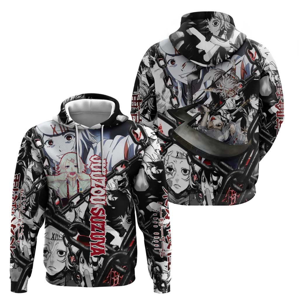 Juuzou Suzuya Tokyo Ghoul Black and White Manga Style Design Hoodie with Red Accents and Chain Weapon Motif - The Mazicc