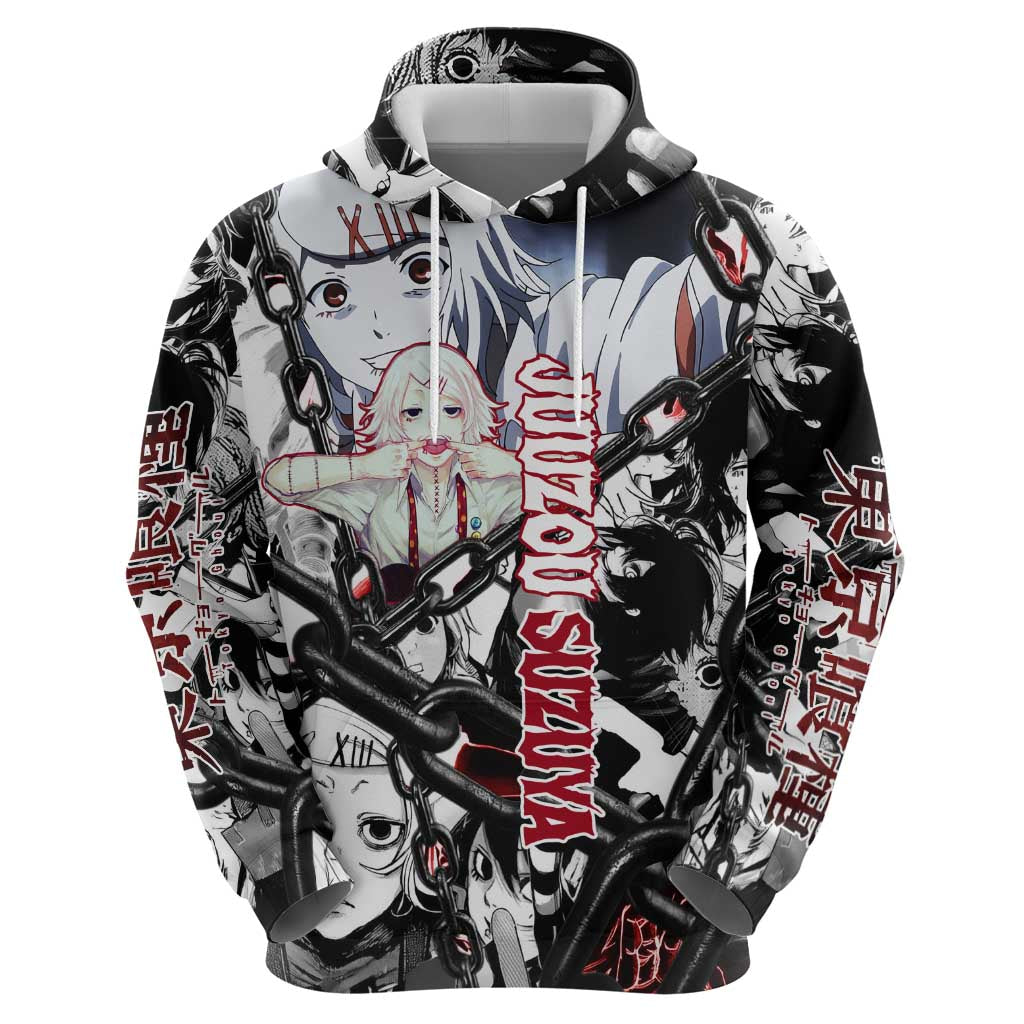 Juuzou Suzuya Tokyo Ghoul Black and White Manga Style Design Hoodie with Red Accents and Chain Weapon Motif - The Mazicc