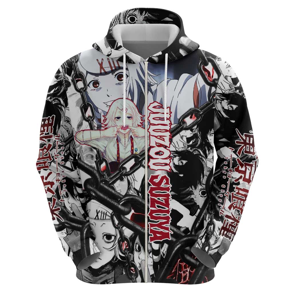 Juuzou Suzuya Tokyo Ghoul Black and White Manga Style Design Hoodie with Red Accents and Chain Weapon Motif - The Mazicc