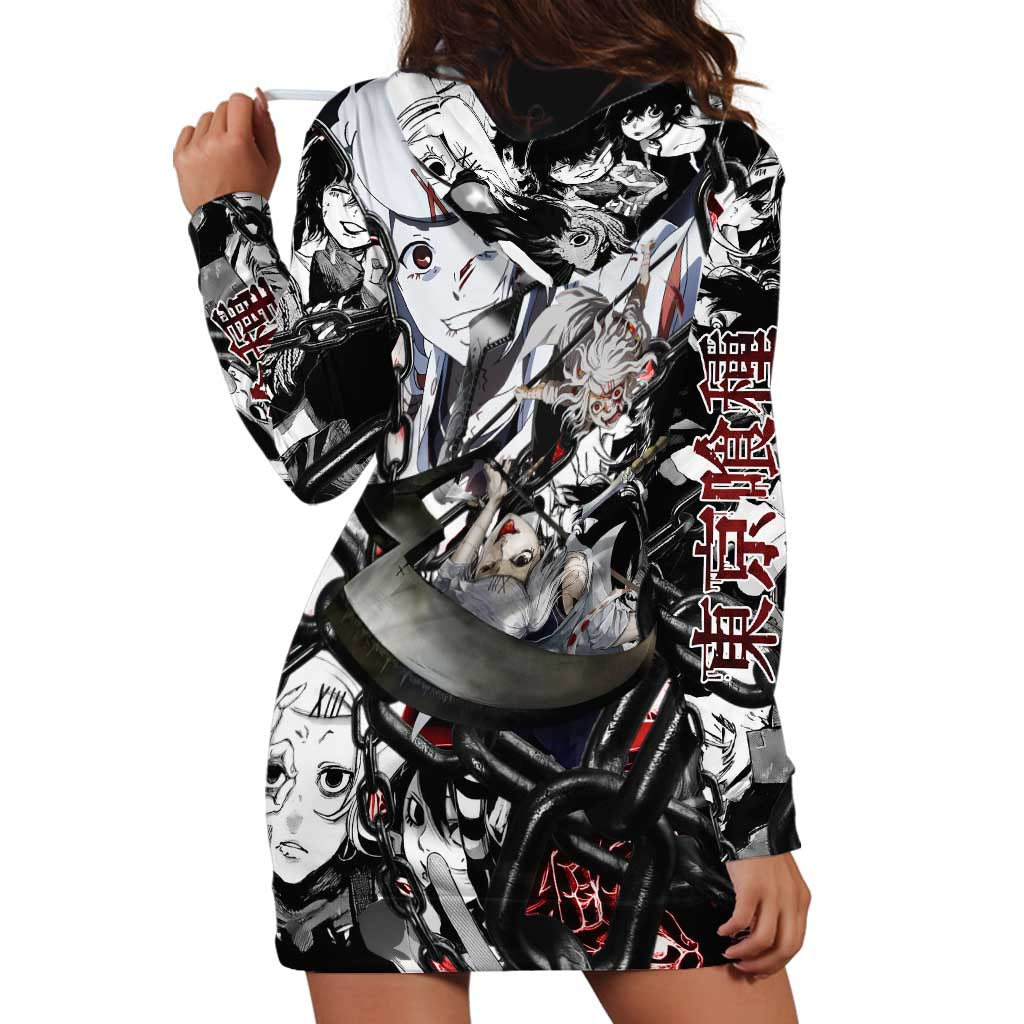 Juuzou Suzuya Tokyo Ghoul Black and White Manga Style Design Hoodie Dress with Red Accents and Chain Weapon Motif - The Mazicc