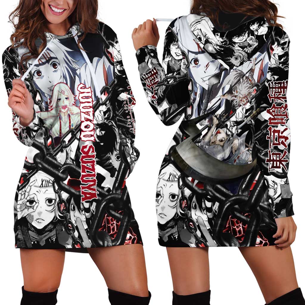 Juuzou Suzuya Tokyo Ghoul Black and White Manga Style Design Hoodie Dress with Red Accents and Chain Weapon Motif - The Mazicc